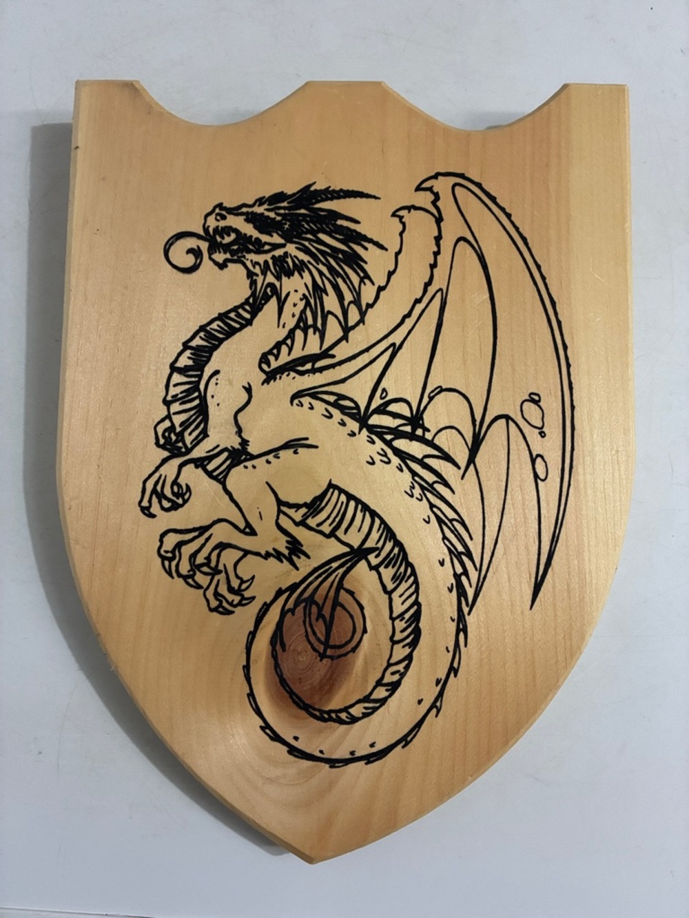 Wooden Dragon Wall Shield Plaque in Natural Wood